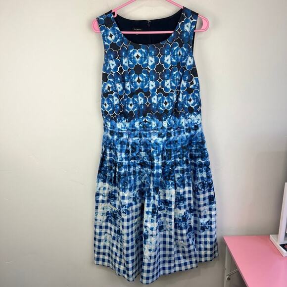 Talbots Blue Floral Ombre Gingham Plaid Printed Fit and Flare Pleated Dress 8 - Picture 2 of 8